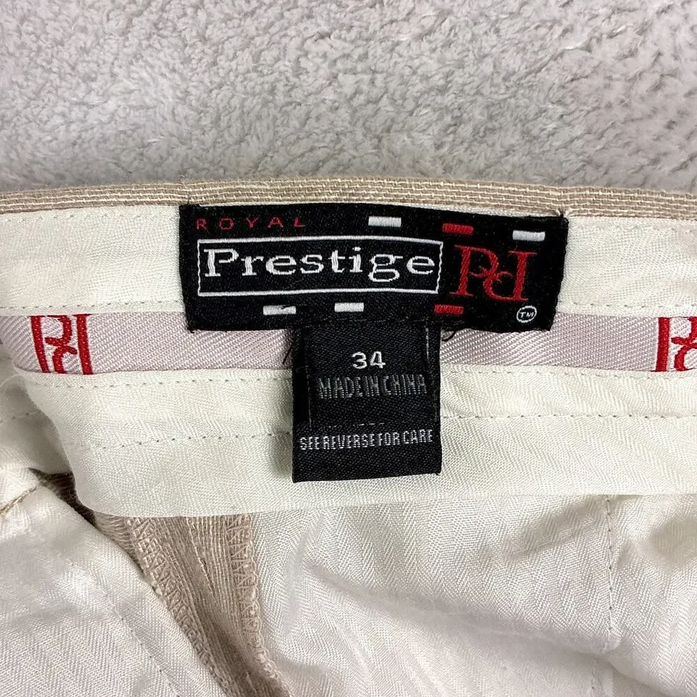 VTG Prestige Pants Men 34 Beige Linen Pleated Cuffed Preppy Summer Classic 90s